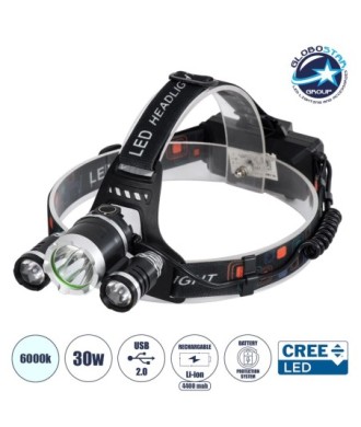 GloboStar® 69926 Φορητός Φακός Κεφαλής Επαναφορτιζόμενος LED Luminus 1 x CREE XM-L2 T6 & 2 XPE LED CHIP x 30W 3000lm 60° Μοιρών με 2 x 18650 Μπαταρία 4400mAh USB 2.0 - 4 Modes - Αδιάβροχο IP54 Ψυχρό Λευκό 6000K Μ7.5 x Π7 x Υ6cm